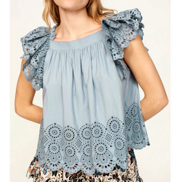 Ulla Johnson Elyse Square-Neck Eyelet Cotton Top Size 8 Ruffles Short Sleeves